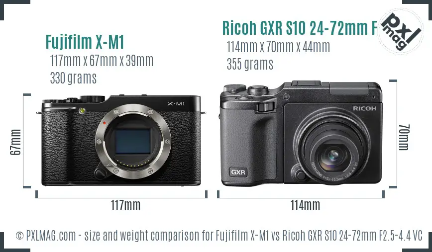 Fujifilm X-M1 vs Ricoh GXR S10 24-72mm F2.5-4.4 VC size comparison Fujifilm X-M1 vs Ricoh GXR S10 24-72mm F2.5-4.4 VC size comparison