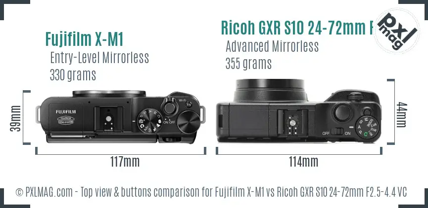 Fujifilm X-M1 vs Ricoh GXR S10 24-72mm F2.5-4.4 VC top view buttons comparison