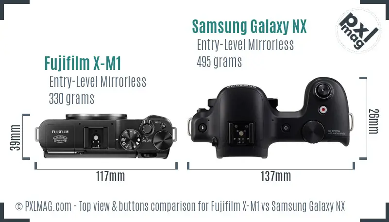 Fujifilm X-M1 vs Samsung Galaxy NX top view buttons comparison