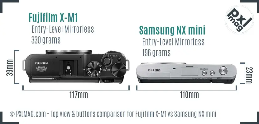 Fujifilm X-M1 vs Samsung NX mini top view buttons comparison