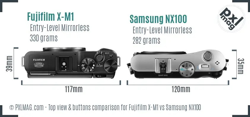 Fujifilm X-M1 vs Samsung NX100 top view buttons comparison