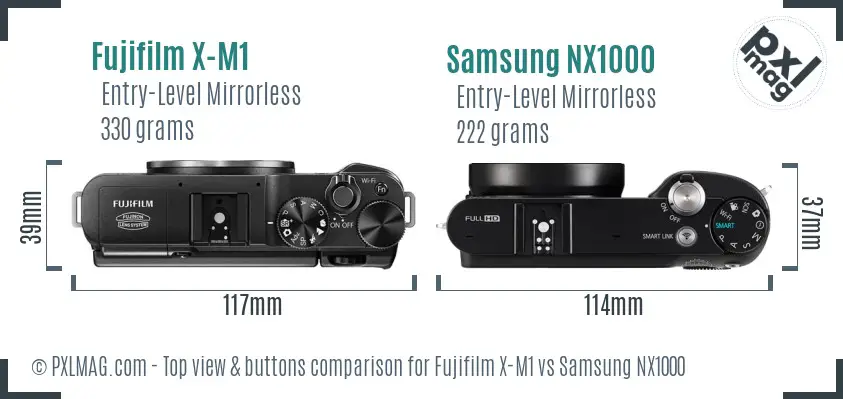 Fujifilm X-M1 vs Samsung NX1000 top view buttons comparison Fujifilm X-M1 vs Samsung NX1000 top view buttons comparison
