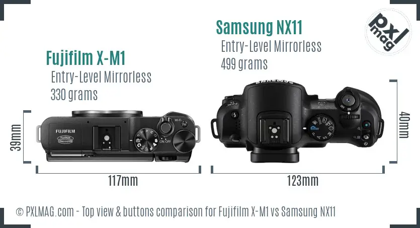 Fujifilm X-M1 vs Samsung NX11 top view buttons comparison