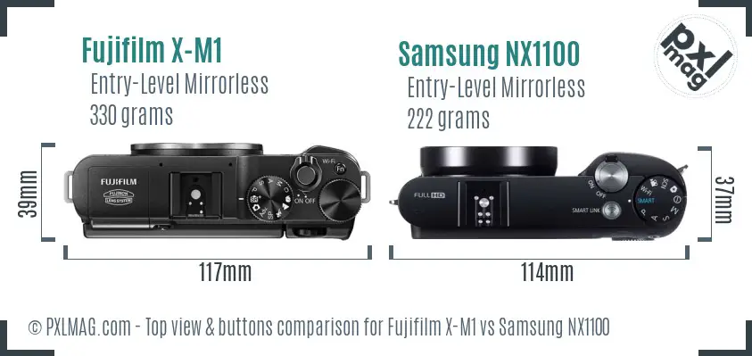 Fujifilm X-M1 vs Samsung NX1100 top view buttons comparison