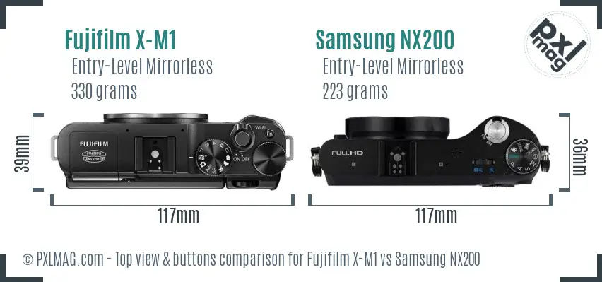 Fujifilm X-M1 vs Samsung NX200 top view buttons comparison Fujifilm X-M1 vs Samsung NX200 top view buttons comparison