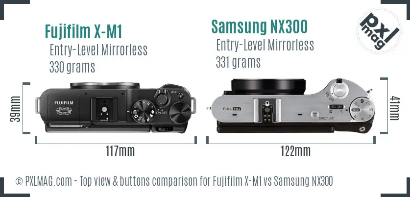 Fujifilm X-M1 vs Samsung NX300 top view buttons comparison Fujifilm X-M1 vs Samsung NX300 top view buttons comparison