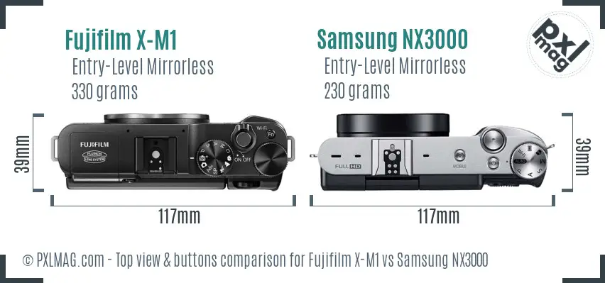 Fujifilm X-M1 vs Samsung NX3000 top view buttons comparison