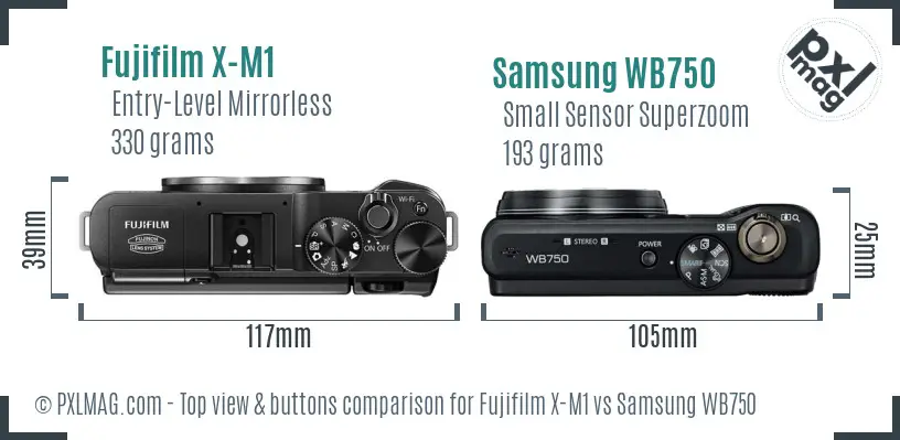 Fujifilm X-M1 vs Samsung WB750 top view buttons comparison