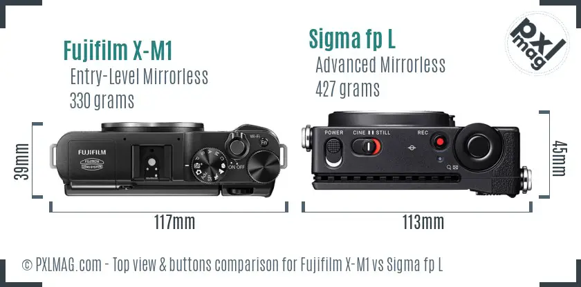 Fujifilm X-M1 vs Sigma fp L top view buttons comparison Fujifilm X-M1 vs Sigma fp L top view buttons comparison