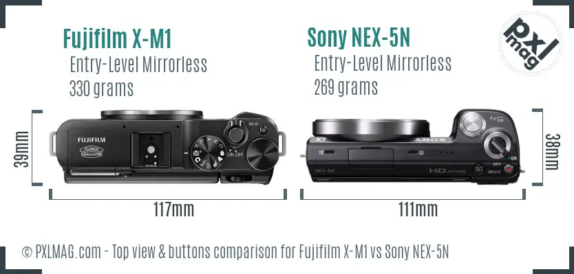 Fujifilm X-M1 vs Sony NEX-5N top view buttons comparison