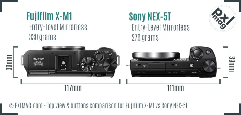 Fujifilm X-M1 vs Sony NEX-5T top view buttons comparison