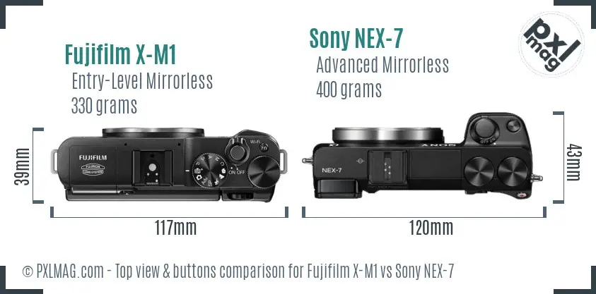 Fujifilm X-M1 vs Sony NEX-7 top view buttons comparison