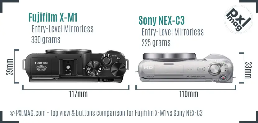 Fujifilm X-M1 vs Sony NEX-C3 top view buttons comparison