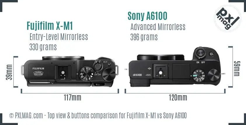 Fujifilm X-M1 vs Sony A6100 top view buttons comparison