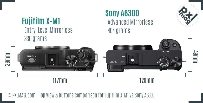 Fujifilm X-M1 vs Sony A6300 top view buttons comparison