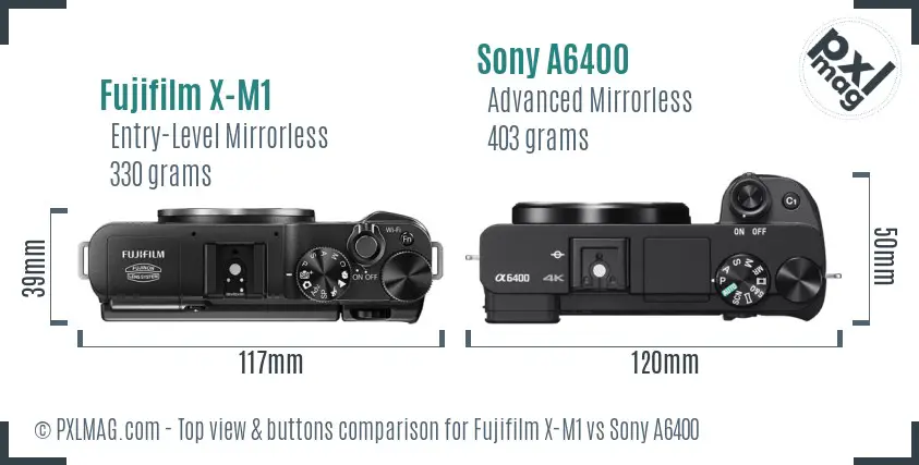 Fujifilm X-M1 vs Sony A6400 top view buttons comparison Fujifilm X-M1 vs Sony A6400 top view buttons comparison