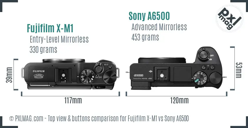 Fujifilm X-M1 vs Sony A6500 top view buttons comparison