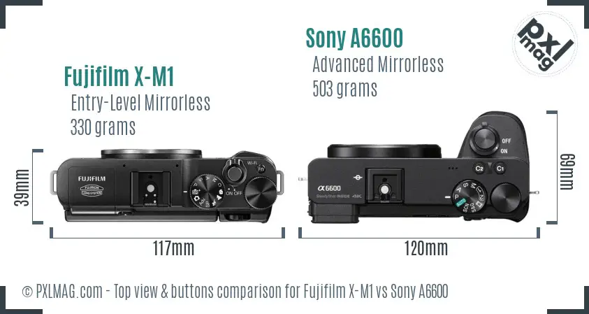 Fujifilm X-M1 vs Sony A6600 top view buttons comparison Fujifilm X-M1 vs Sony A6600 top view buttons comparison