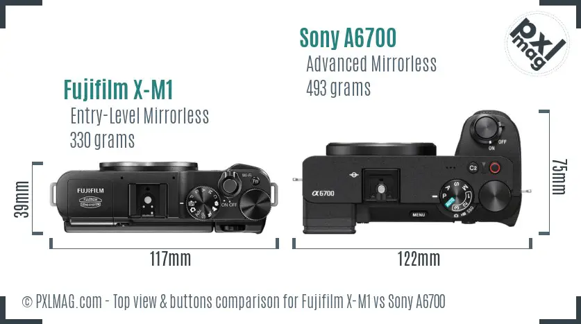 Fujifilm X-M1 vs Sony A6700 top view buttons comparison