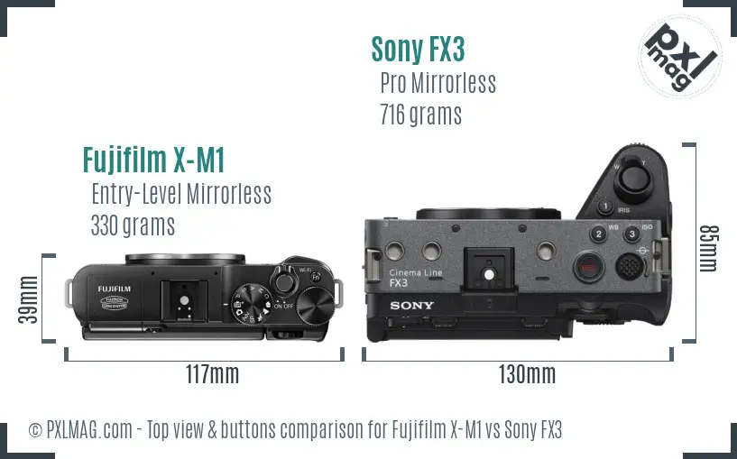 Fujifilm X-M1 vs Sony FX3 top view buttons comparison