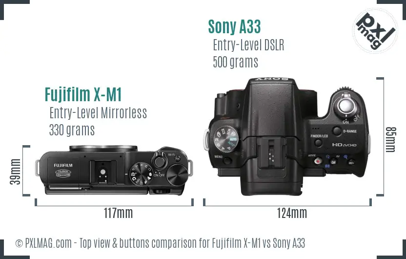 Fujifilm X-M1 vs Sony A33 top view buttons comparison