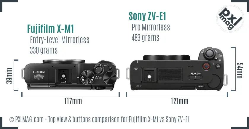 Fujifilm X-M1 vs Sony ZV-E1 top view buttons comparison