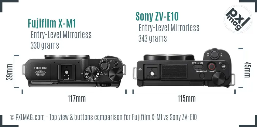 Fujifilm X-M1 vs Sony ZV-E10 top view buttons comparison