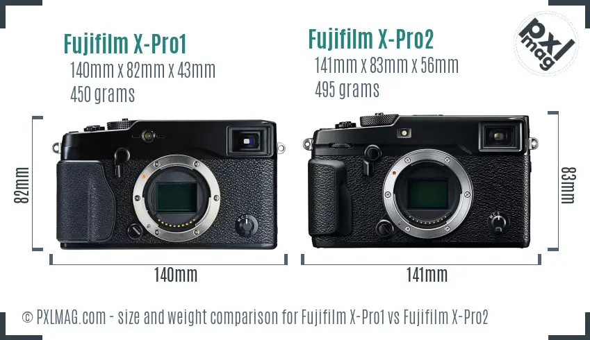 Fujifilm X-Pro1 vs Fujifilm X-Pro2 size comparison