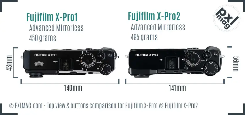 Fujifilm X-Pro1 vs Fujifilm X-Pro2 top view buttons comparison