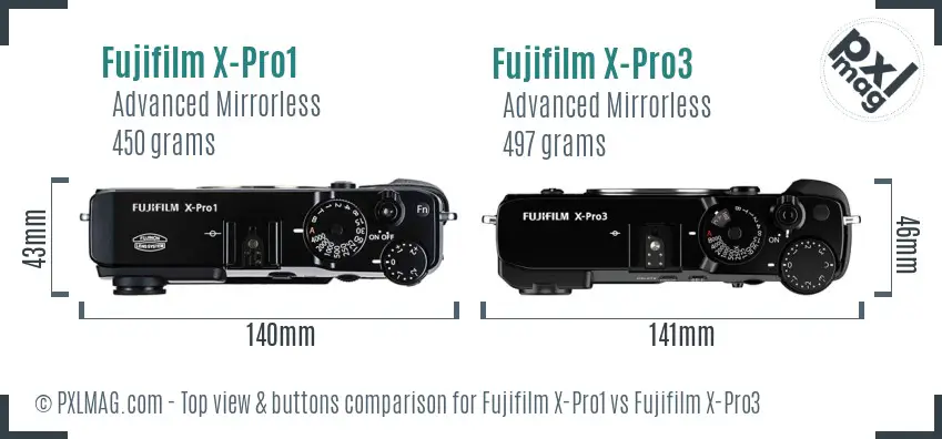 Fujifilm X-Pro1 vs Fujifilm X-Pro3 top view buttons comparison