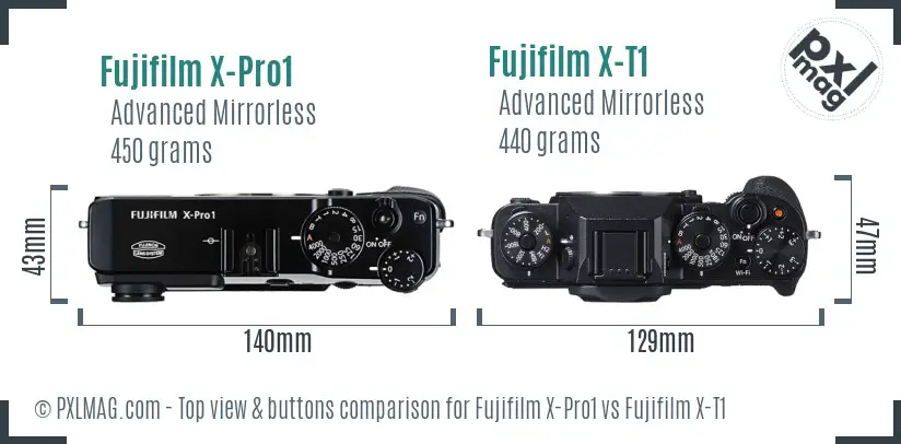 Fujifilm X-Pro1 vs Fujifilm X-T1 top view buttons comparison