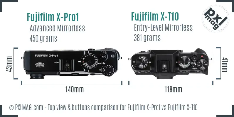 Fujifilm X-Pro1 vs Fujifilm X-T10 top view buttons comparison Fujifilm X-Pro1 vs Fujifilm X-T10 top view buttons comparison