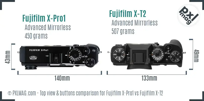 Fujifilm X-Pro1 vs Fujifilm X-T2 top view buttons comparison