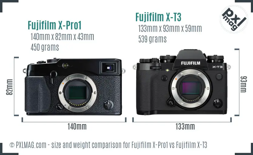 Fujifilm X-Pro1 vs Fujifilm X-T3 size comparison
