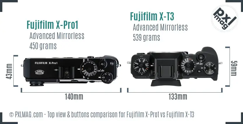 Fujifilm X-Pro1 vs Fujifilm X-T3 top view buttons comparison