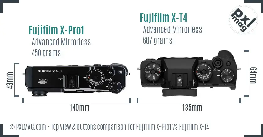 Fujifilm X-Pro1 vs Fujifilm X-T4 top view buttons comparison