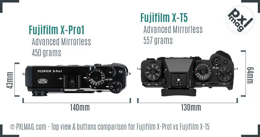 Fujifilm X-Pro1 vs Fujifilm X-T5 top view buttons comparison