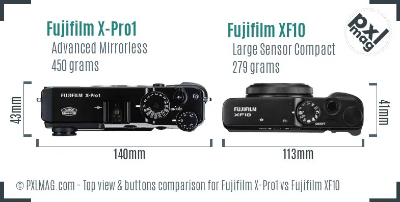 Fujifilm X-Pro1 vs Fujifilm XF10 top view buttons comparison