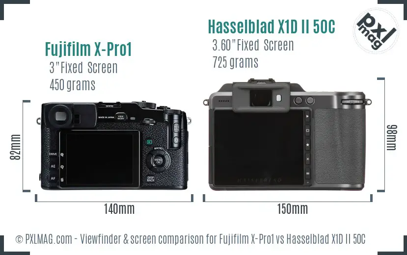 Fujifilm X-Pro1 vs Hasselblad X1D II 50C Screen and Viewfinder comparison