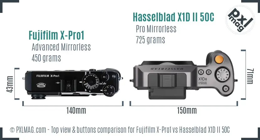 Fujifilm X-Pro1 vs Hasselblad X1D II 50C top view buttons comparison