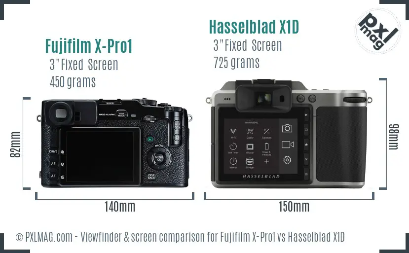 Fujifilm X-Pro1 vs Hasselblad X1D Screen and Viewfinder comparison