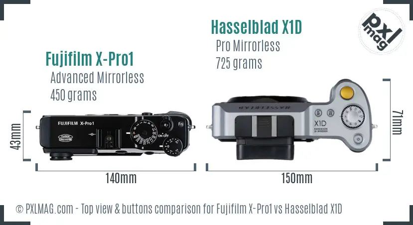 Fujifilm X-Pro1 vs Hasselblad X1D top view buttons comparison