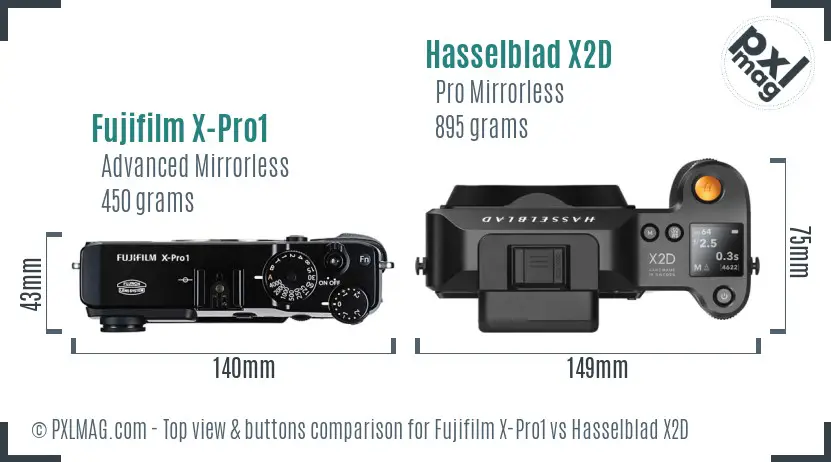 Fujifilm X-Pro1 vs Hasselblad X2D top view buttons comparison Fujifilm X-Pro1 vs Hasselblad X2D top view buttons comparison