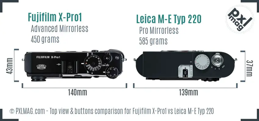 Fujifilm X-Pro1 vs Leica M-E Typ 220 top view buttons comparison