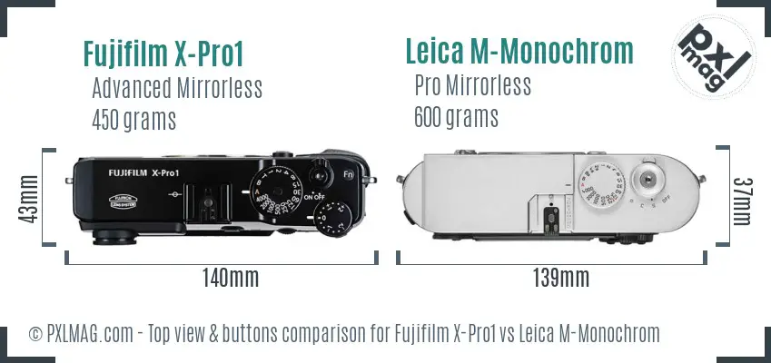 Fujifilm X-Pro1 vs Leica M-Monochrom top view buttons comparison