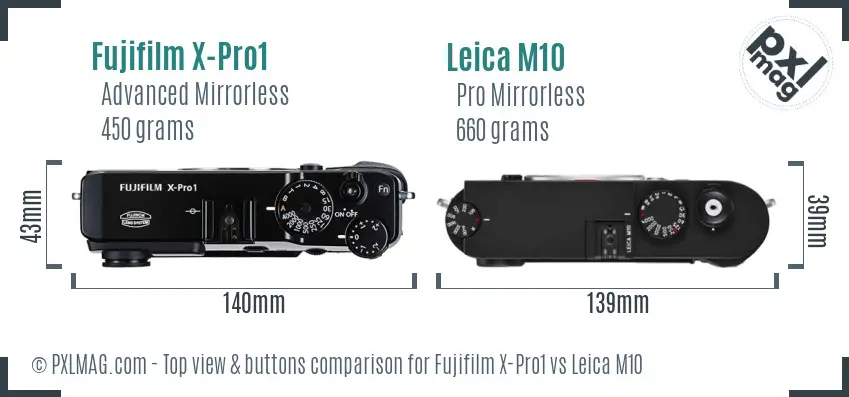 Fujifilm X-Pro1 vs Leica M10 top view buttons comparison Fujifilm X-Pro1 vs Leica M10 top view buttons comparison