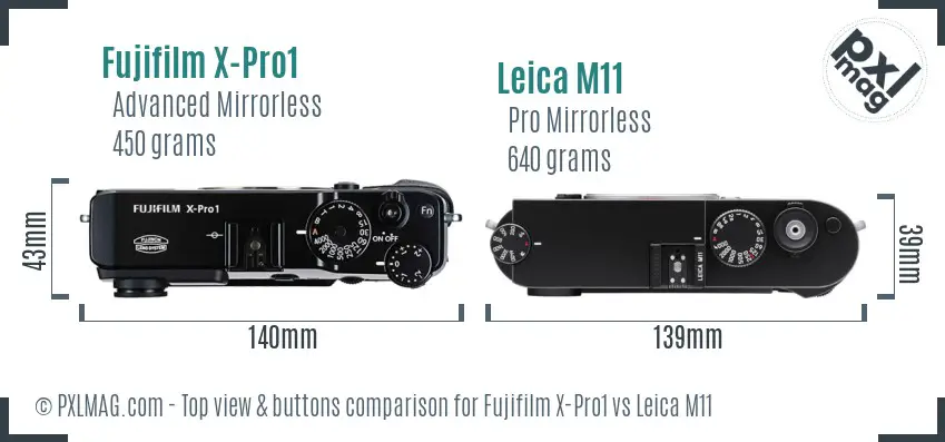 Fujifilm X-Pro1 vs Leica M11 top view buttons comparison Fujifilm X-Pro1 vs Leica M11 top view buttons comparison