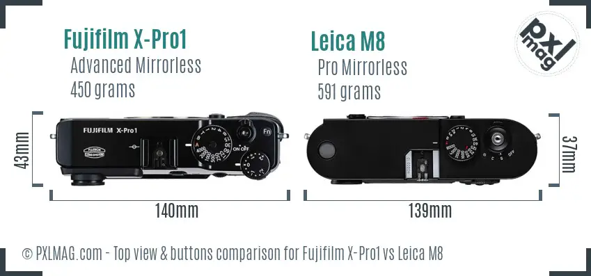 Fujifilm X-Pro1 vs Leica M8 top view buttons comparison