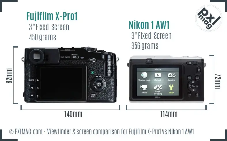 Fujifilm X-Pro1 vs Nikon 1 AW1 Screen and Viewfinder comparison