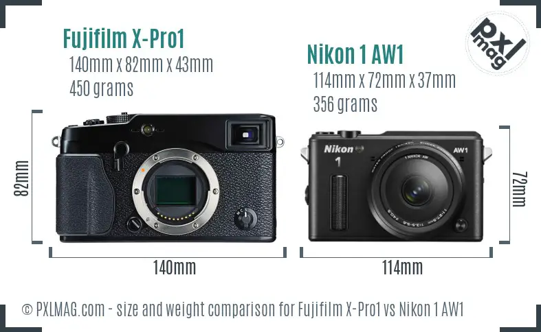 Fujifilm X-Pro1 vs Nikon 1 AW1 size comparison